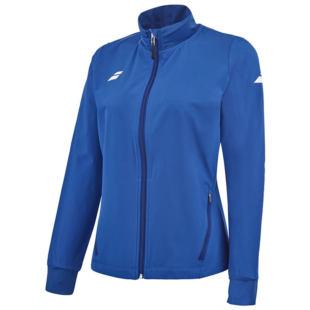 Blauw Babolat Play Jacket W van opzij met ritszak en wit Babolat-logo op de mouw