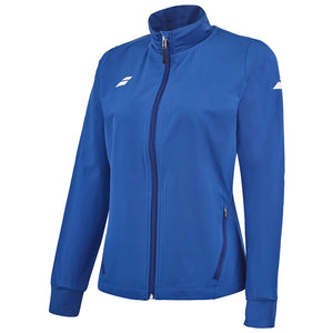 Blauw Babolat Play Jacket W van opzij met ritszak en wit Babolat-logo op de mouw
