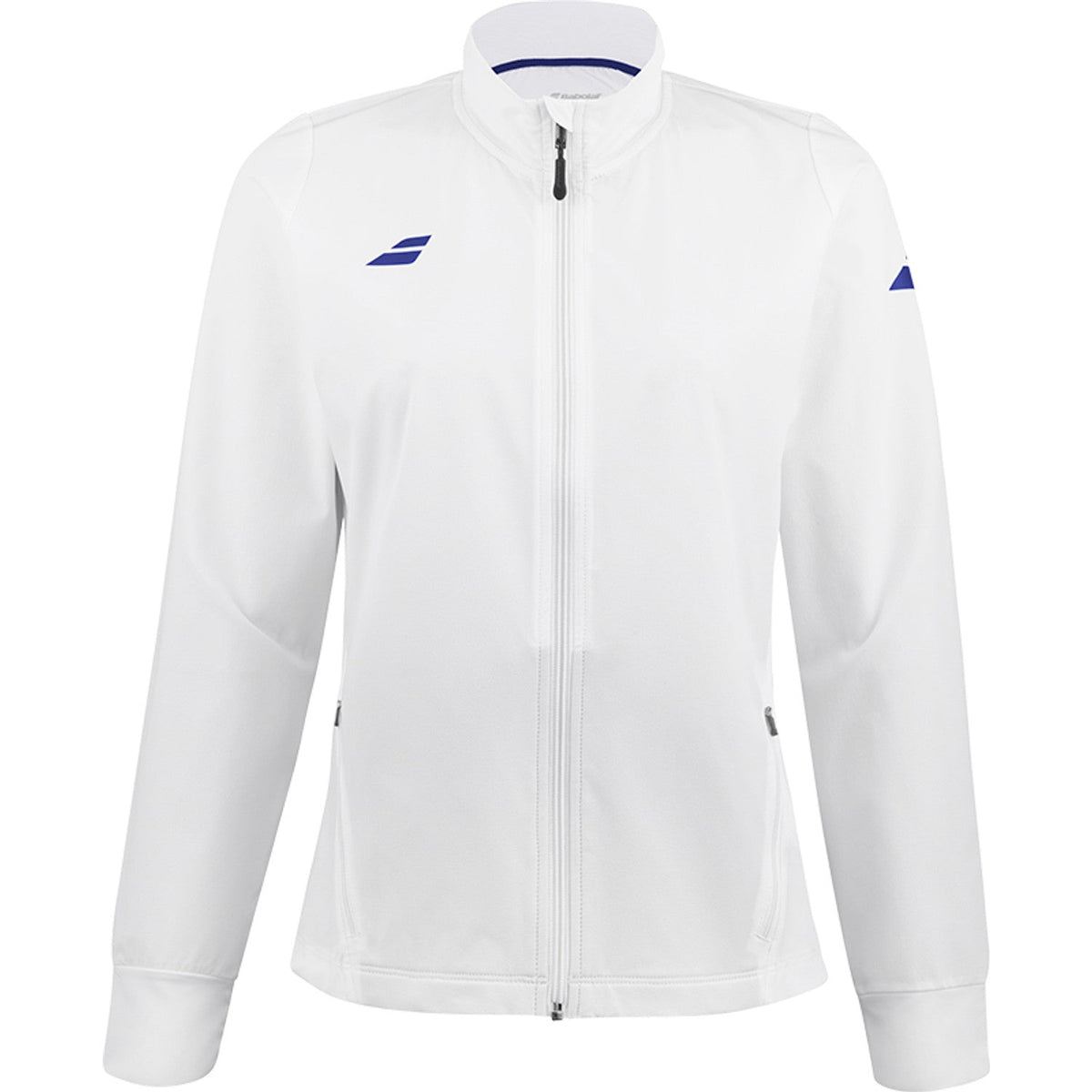 Wit Babolat Play Jacket voor dames met blauw logo op de borst en volledige rits