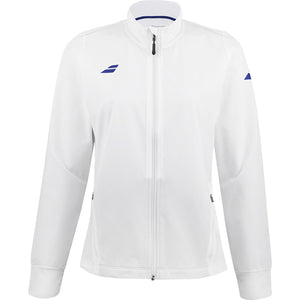 Wit Babolat Play Jacket voor dames met blauw logo op de borst en volledige rits
