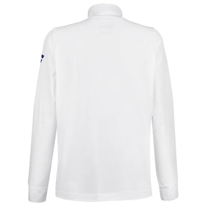 Achterzijde van het witte Babolat Play Jacket W met effen rug en opstaande kraag