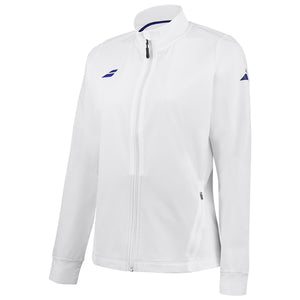 Wit Babolat Play Jacket W van opzij met blauw logo op de mouw en zijzakken