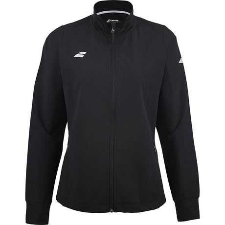 Zwart Babolat Play Jacket voor dames met wit Babolat-logo op de borst en rits