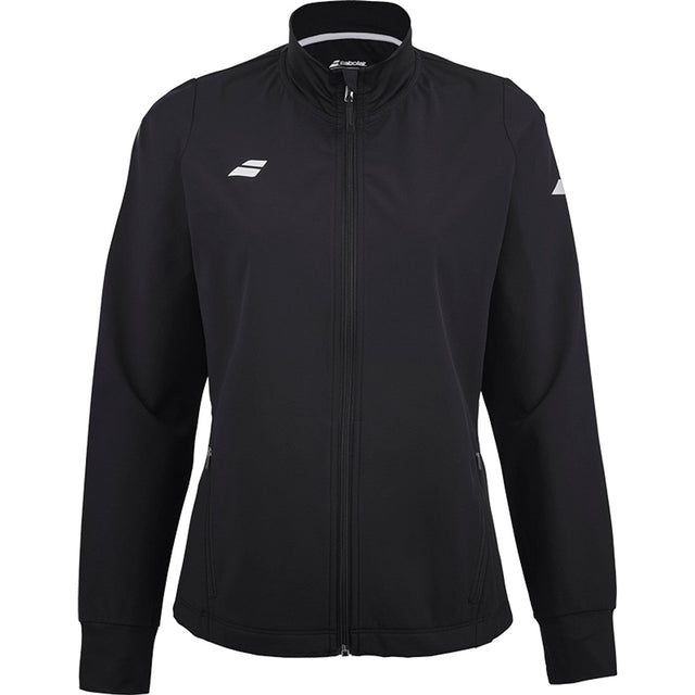 Zwart Babolat Play Jacket voor dames met wit Babolat-logo op de borst en rits