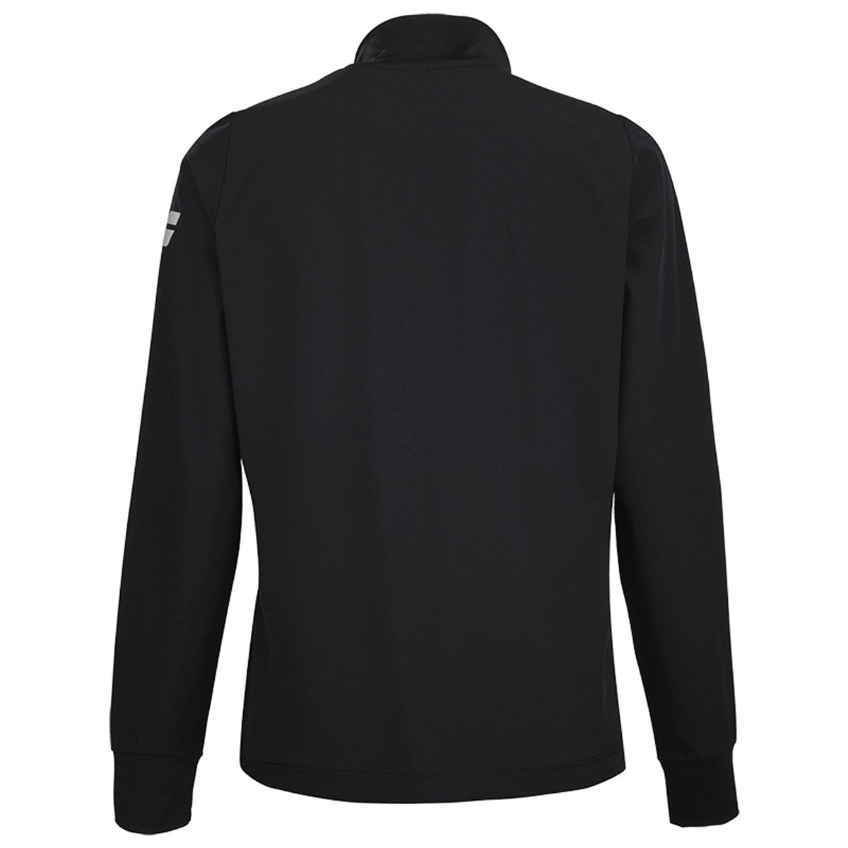 Achterzijde van het zwarte Babolat Play Jacket W met effen rug en lange mouwen