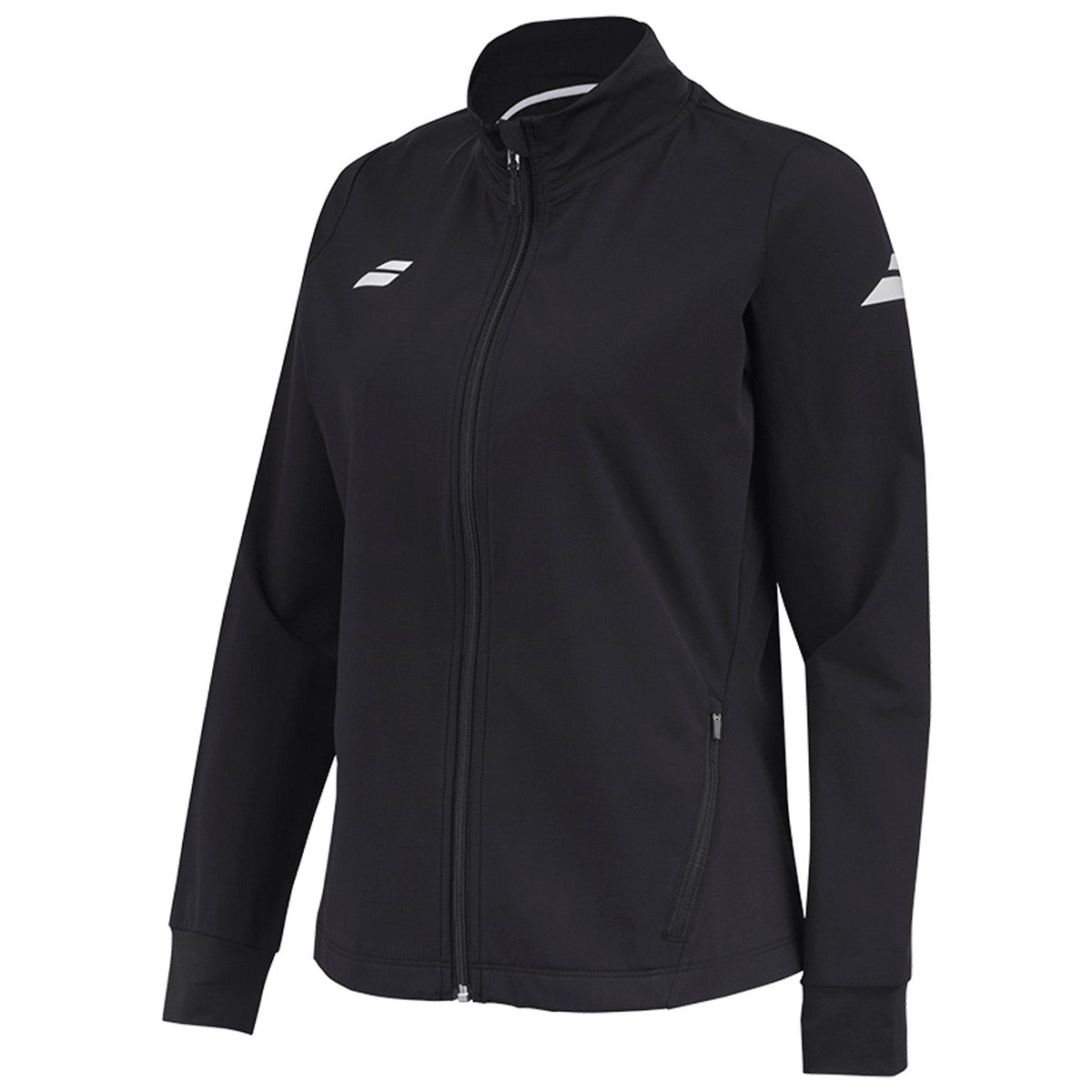 Zwart Babolat Play Jacket W van opzij met wit logo op de mouw en ritssluiting