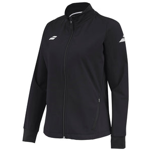Zwart Babolat Play Jacket W van opzij met wit logo op de mouw en ritssluiting