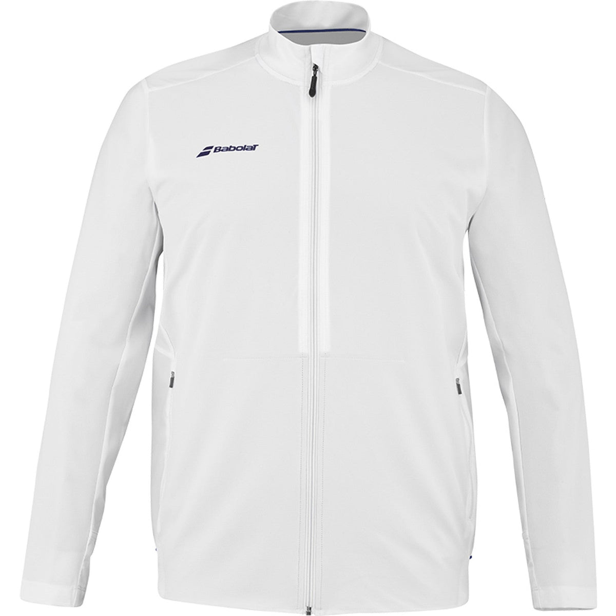 Wit Babolat Play Jacket met volledige rits, opstaande kraag en blauw logo op de borst