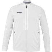 Wit Babolat Play Jacket met volledige rits, opstaande kraag en blauw logo op de borst