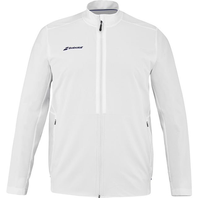 Wit Babolat Play Jacket met volledige rits, opstaande kraag en blauw logo op de borst