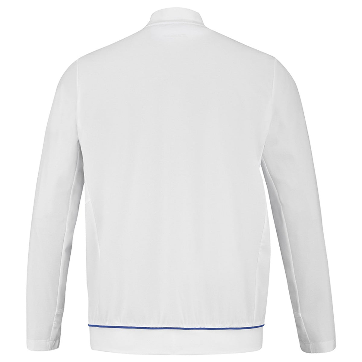 Achterzijde van het witte Babolat Play Jacket met blauwe streep onder aan de rug