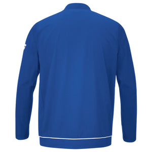 Achterzijde van het blauwe Babolat Play Jacket met witte streep onder aan de rug