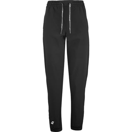 Zwarte Babolat Play Pant voor dames met wit trekkoord en logo onderaan de pijp