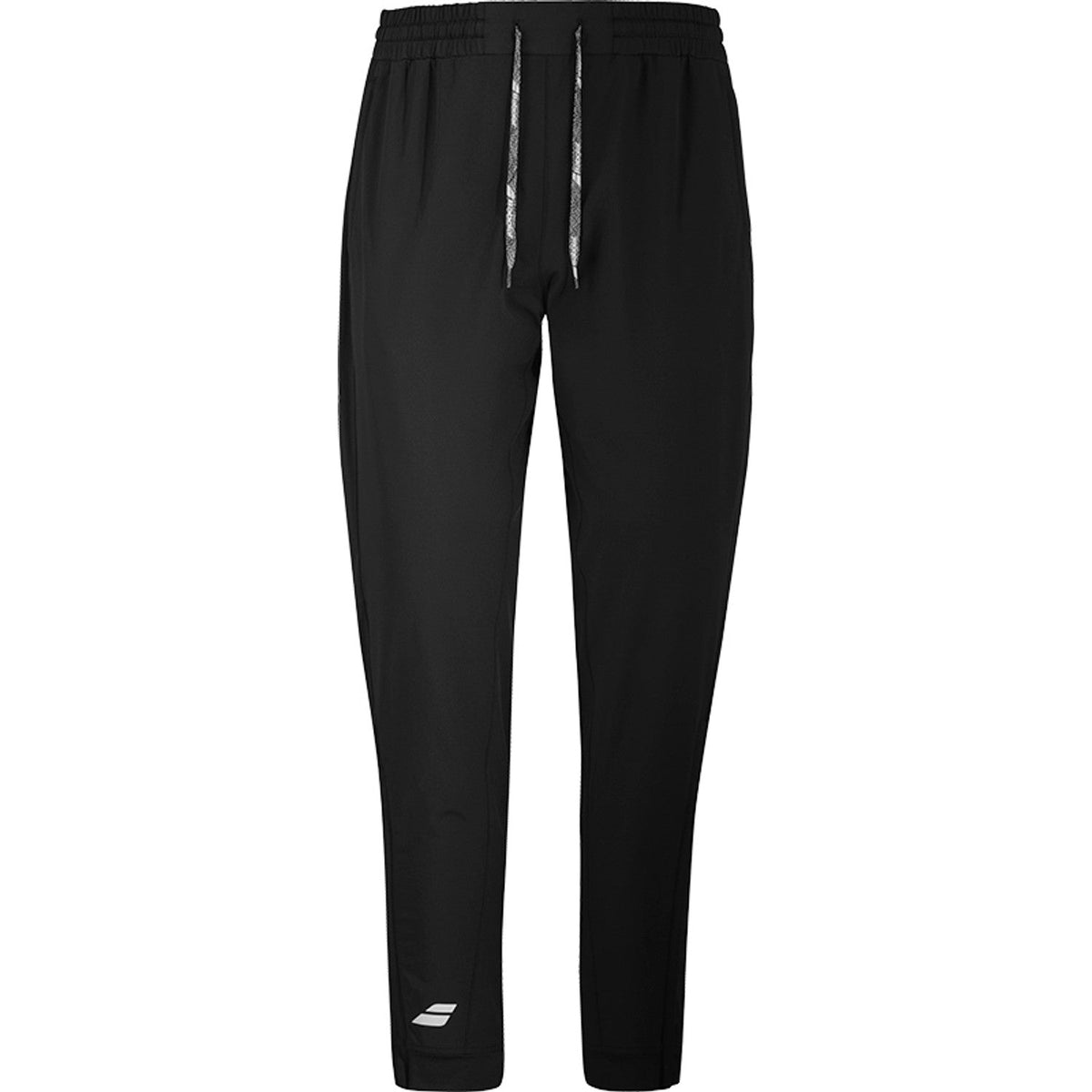 Zwarte Babolat Play Pant met wit trekkoord en wit Babolat-logo onderaan de pijp