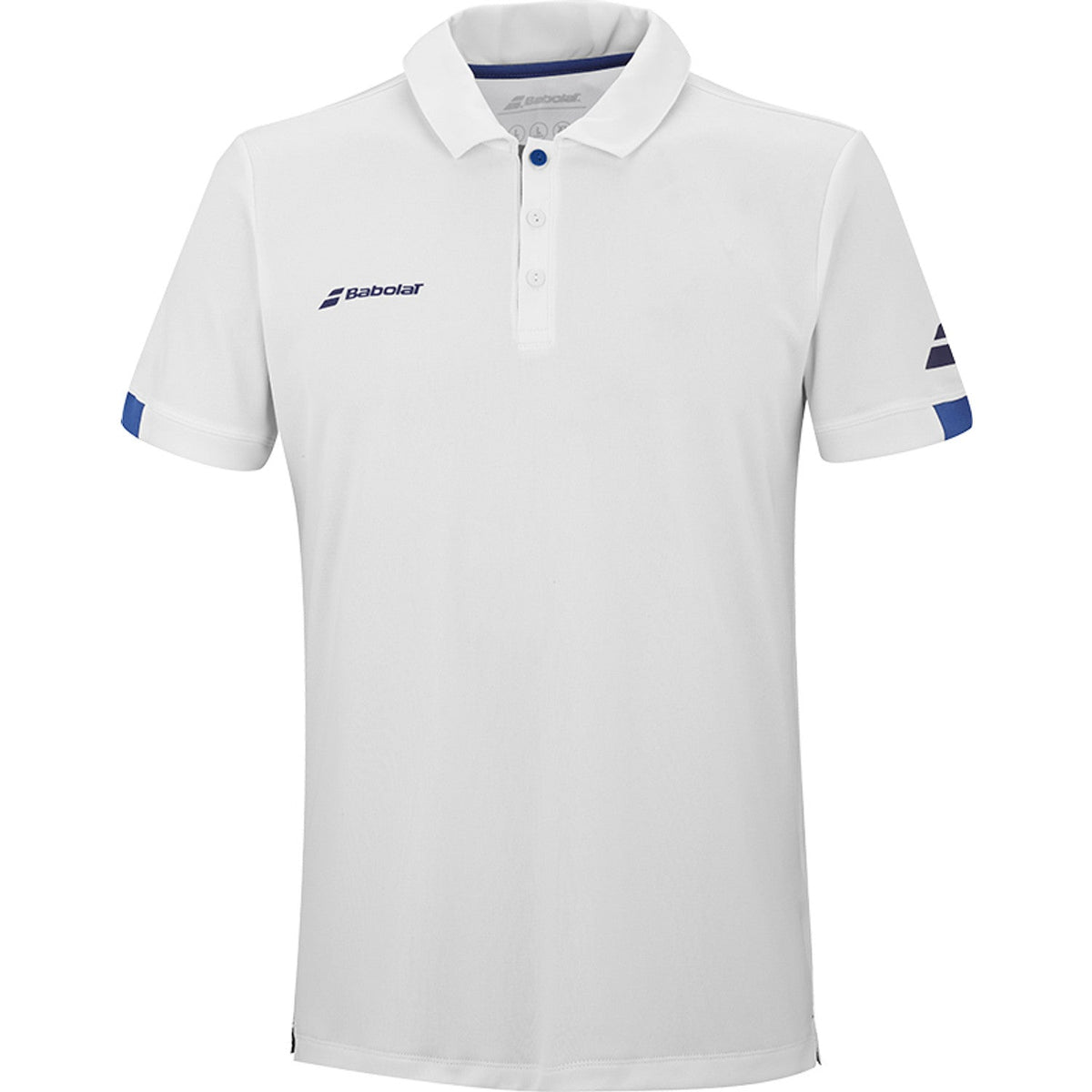 Witte Babolat Play Polo met blauwe biezen op de mouwboorden en knoopsluiting