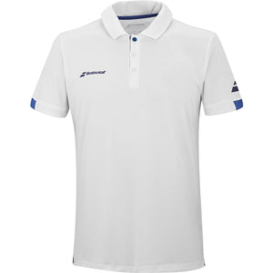 Witte Babolat Play Polo met blauwe biezen op de mouwboorden en knoopsluiting