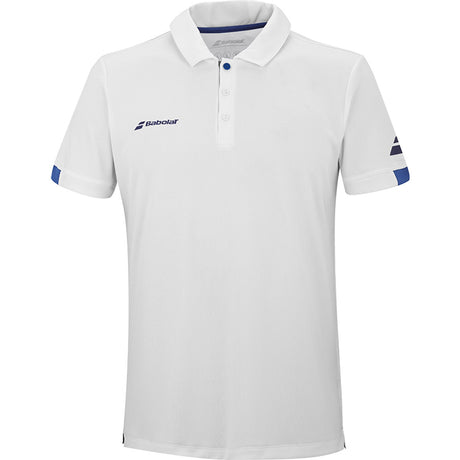 Witte Babolat Play Polo met blauwe biezen op de mouwboorden en knoopsluiting