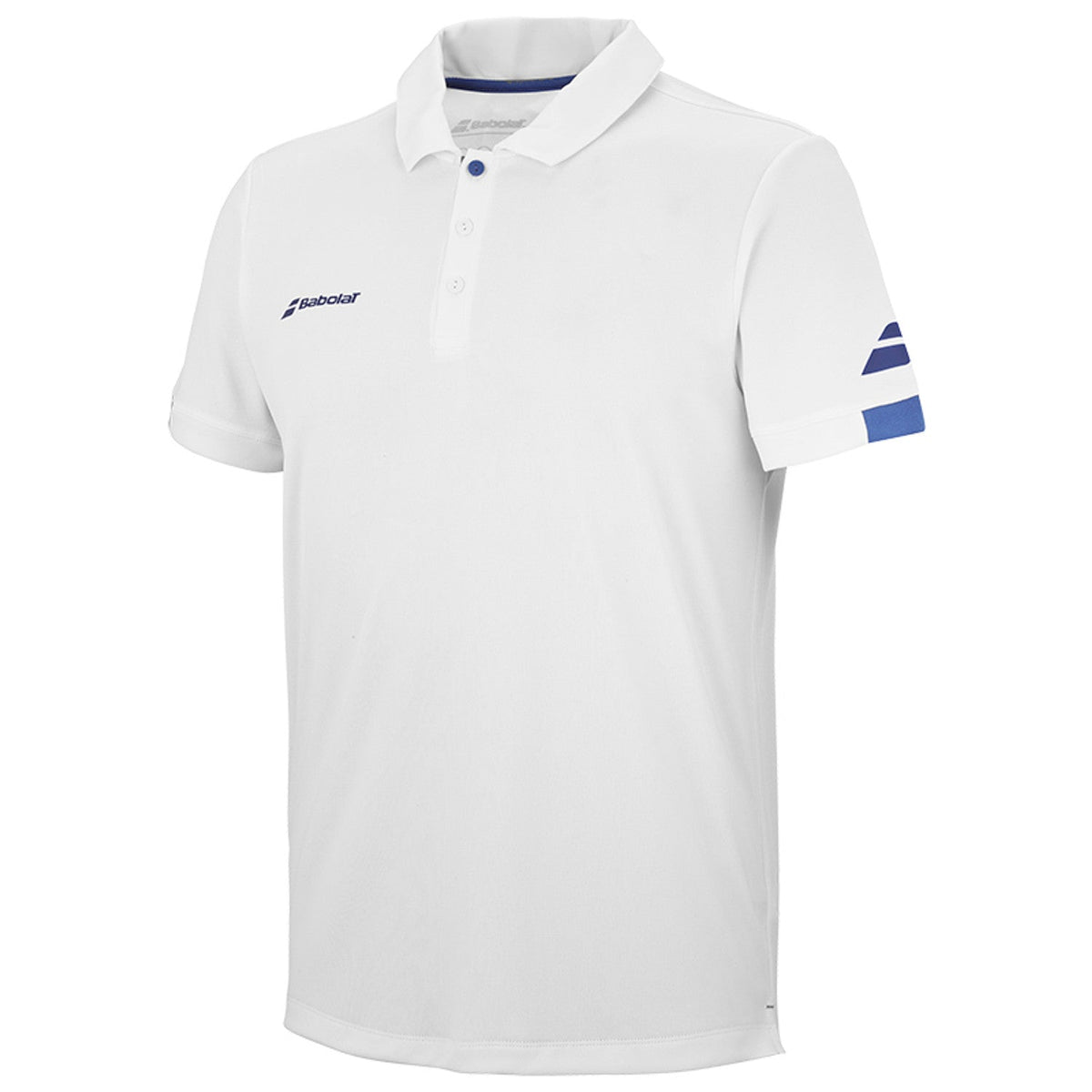 Witte Babolat Play Polo van opzij met blauwe streepjes op de mouwboord en kraag