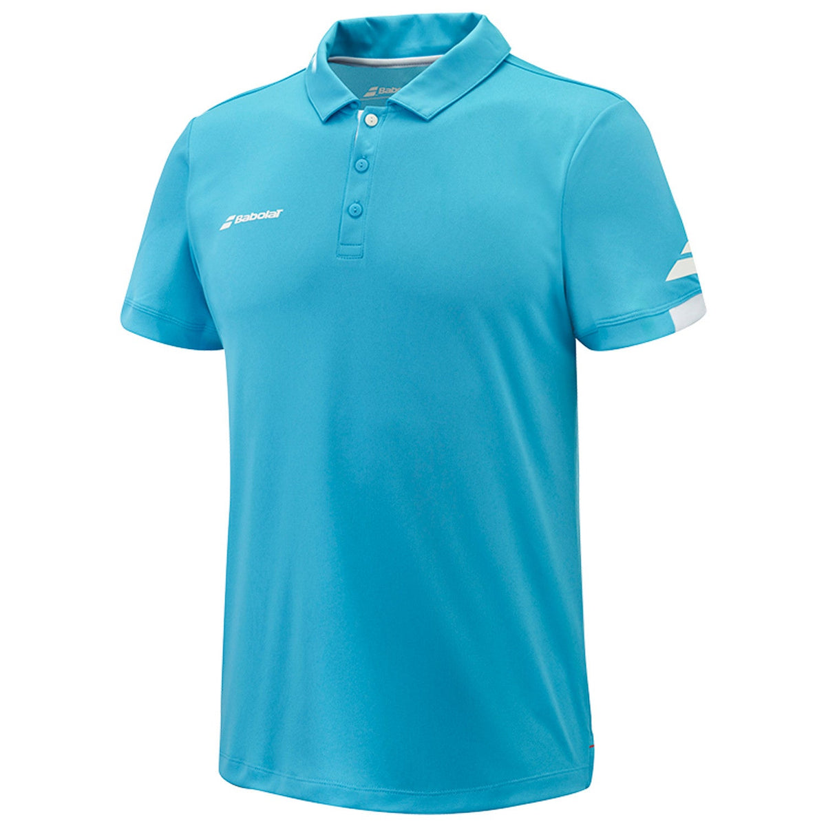 Turquoise Babolat Play Polo van opzij met Babolat-logo op de witte mouwboord