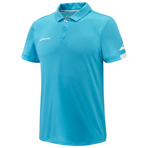 Turquoise Babolat Play Polo van opzij met Babolat-logo op de witte mouwboord