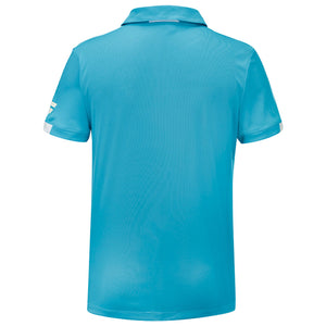 Achterzijde van de turquoise Babolat Play Polo met kraag en witte mouwboorden