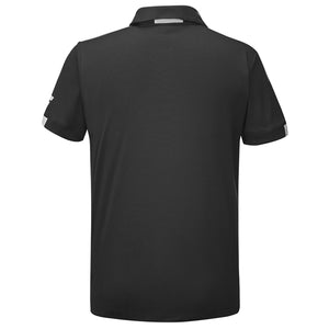 Achterzijde van de zwarte Babolat Play Polo met kraag en witte mouwboorden