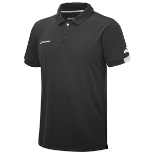 Zwarte Babolat Play Polo van opzij met wit logo op de mouw en drie knopen