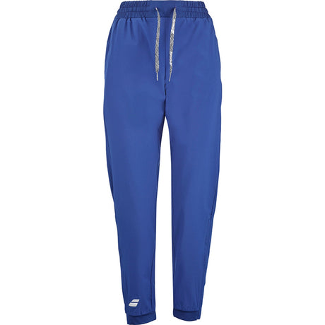 Babolat Play trainingsbroek voor dames in blauw met elastische tailleband, vooraanzicht