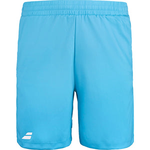 Turquoise Babolat Play short met wit logo op de pijp, plat vooraanzicht