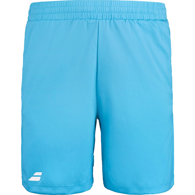 Turquoise Babolat Play short met wit logo op de pijp, plat vooraanzicht