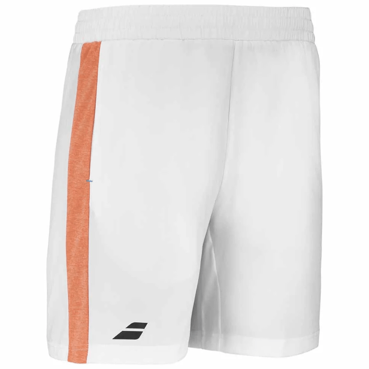 Zijaanzicht van de witte Babolat Play short met brede oranje streep