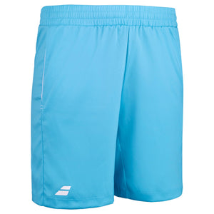 Zijaanzicht van de turquoise Babolat Play short met steekzak en wit logo