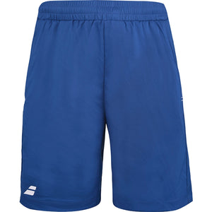 Donkerblauwe Babolat Play short met wit logo op de pijp, plat vooraanzicht