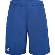 Donkerblauwe Babolat Play short met wit logo op de pijp, plat vooraanzicht
