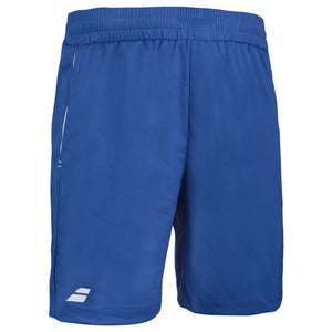 Zijaanzicht van de donkerblauwe Babolat Play short met rits op de zak