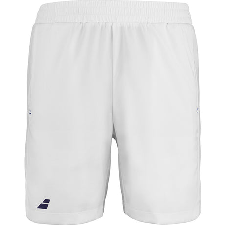 Witte Babolat Play short met donkerblauw logo op de pijp, vooraanzicht