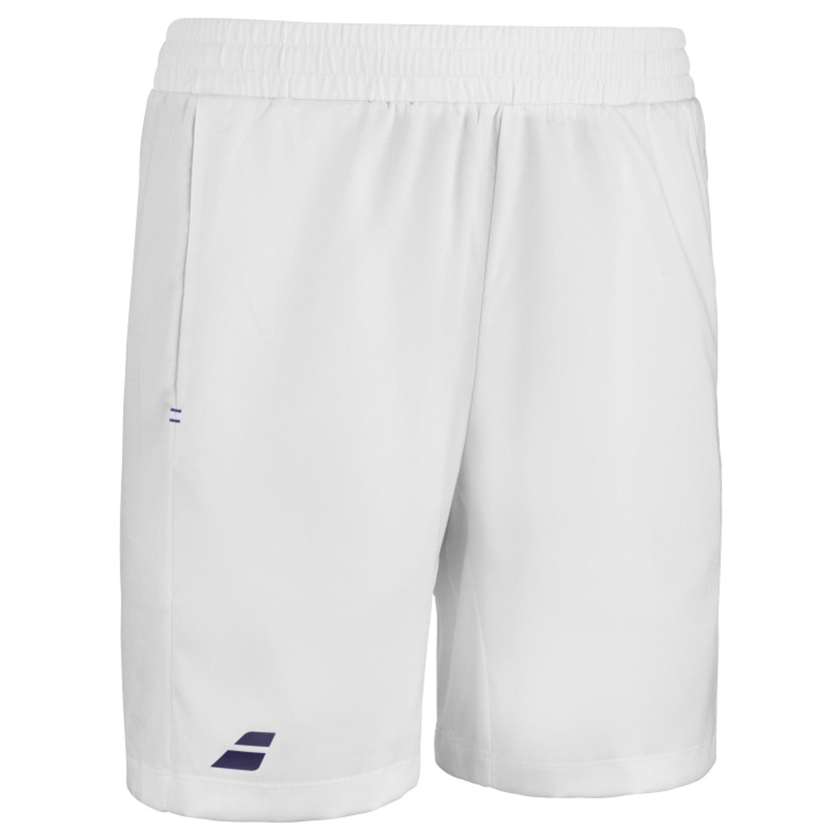 Zijaanzicht van de witte Babolat Play short met steekzak en blauw logo