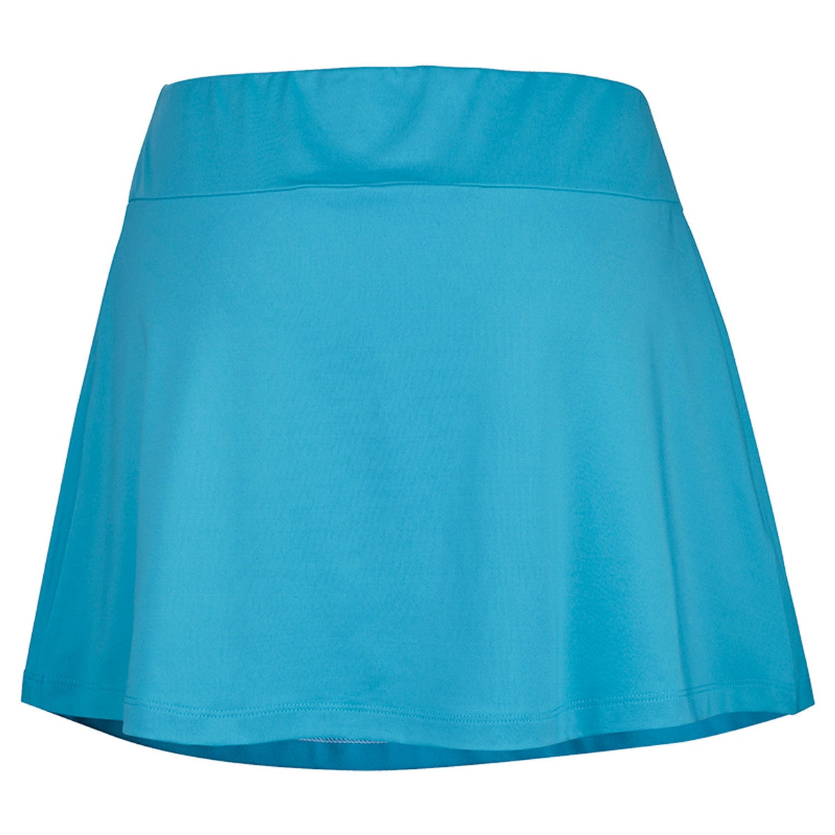 Achterzijde van de turquoise Babolat Play Skirt met effen uitlopende rok en tailleband