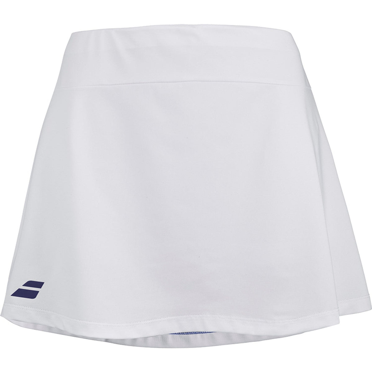 Witte Babolat Play Skirt met brede tailleband en donkerblauw logo aan de zijkant
