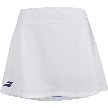 Witte Babolat Play Skirt met brede tailleband en donkerblauw logo aan de zijkant