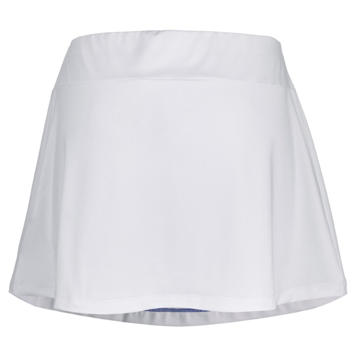 Achterzijde van de witte Babolat Play Skirt met blauwe binnenshort die doorschemert