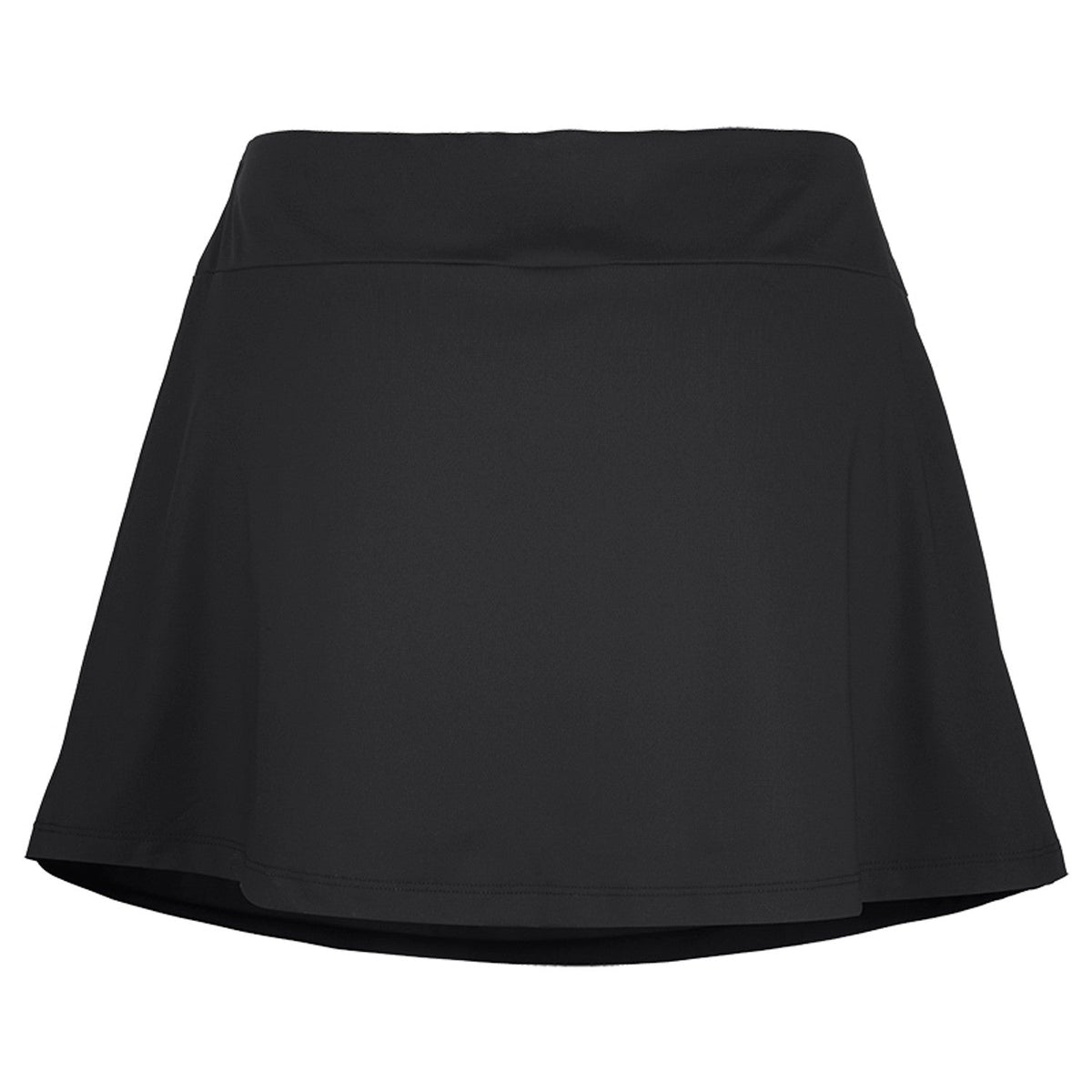Achterzijde van de zwarte Babolat Play Skirt met effen uitlopende rok en tailleband
