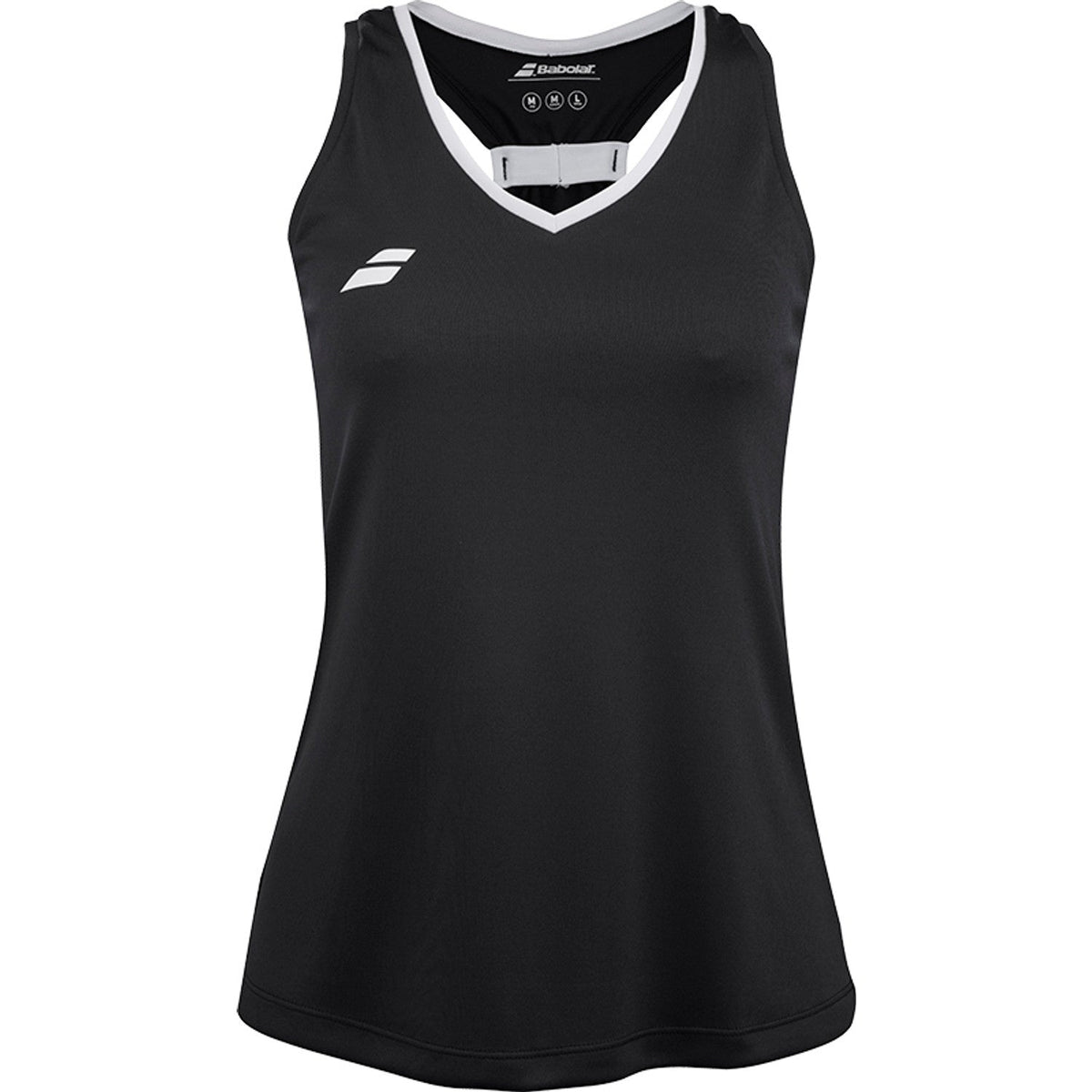 Zwarte Babolat Play Tank Top voor dames met witte V-hals en wit logo op de borst