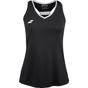 Zwarte Babolat Play Tank Top voor dames met witte V-hals en wit logo op de borst