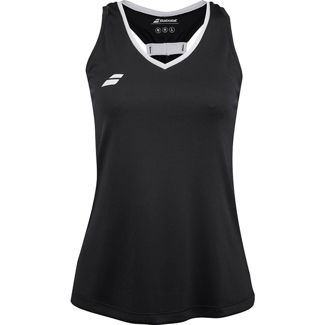 Zwarte Babolat Play Tank Top voor dames met witte V-hals en wit logo op de borst