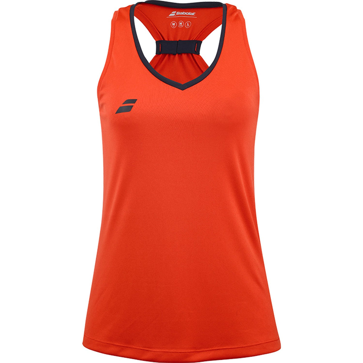 Oranjerode Babolat Play Tank Top voor dames met donkerblauwe V-hals en logo