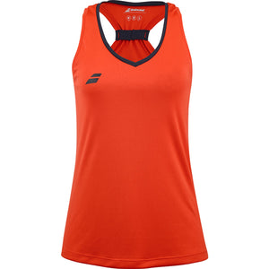 Oranjerode Babolat Play Tank Top voor dames met donkerblauwe V-hals en logo