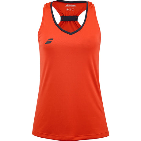 Oranjerode Babolat Play Tank Top voor dames met donkerblauwe V-hals en logo
