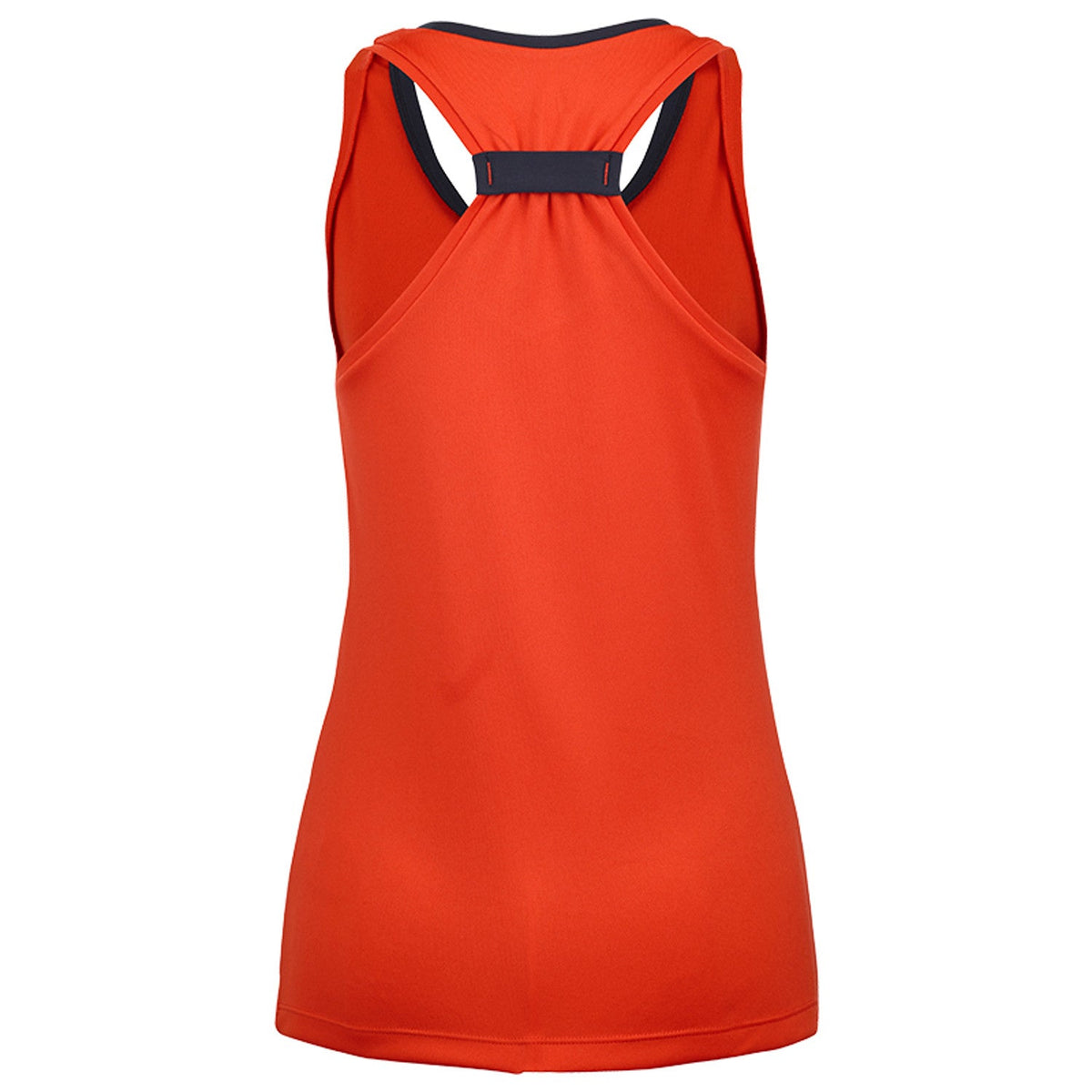 Achterzijde van de oranjerode Babolat Play Tank Top W met donkerblauwe bandjes