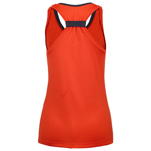 Achterzijde van de oranjerode Babolat Play Tank Top W met donkerblauwe bandjes